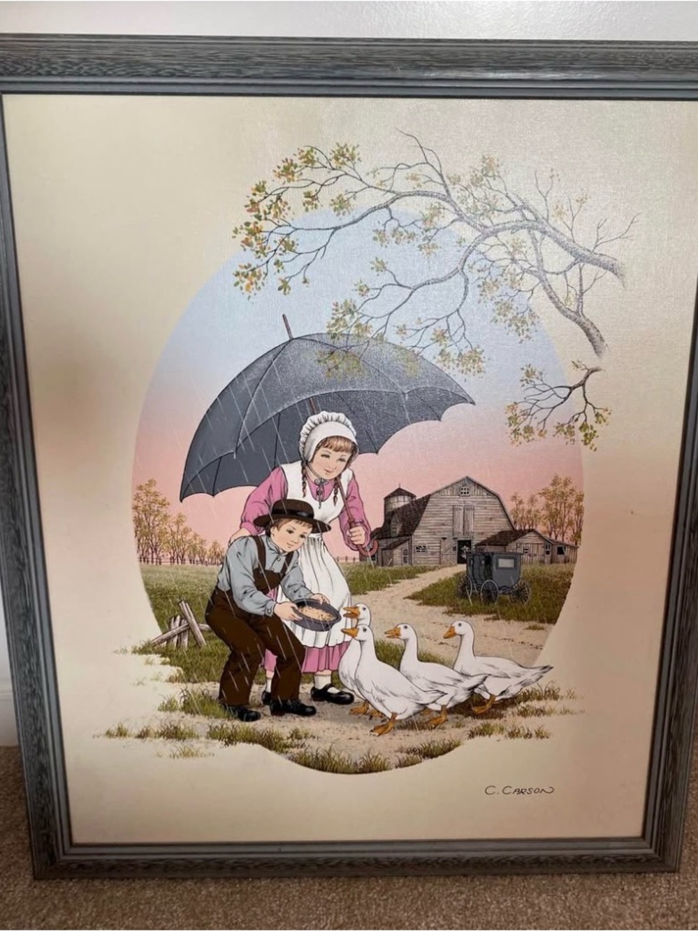 Framed C Carson Amish Feeding Geese Oil Painting Framed 27x 22.5 Farm Rustic